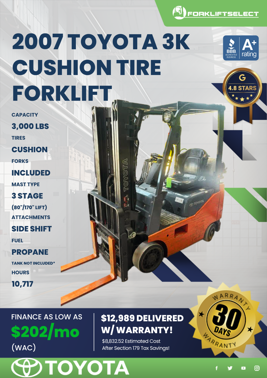 2007 TOYOTA 3K CUSHION TIRE FORKLIFT