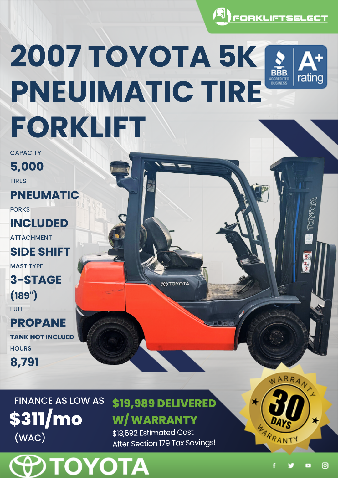 2007 TOYOTA 5K PNEUMATIC TIRE FORKLIFT