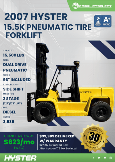 2007 HYSTER 15.5 K PNEUMATIC TIRE FORKLIFT
