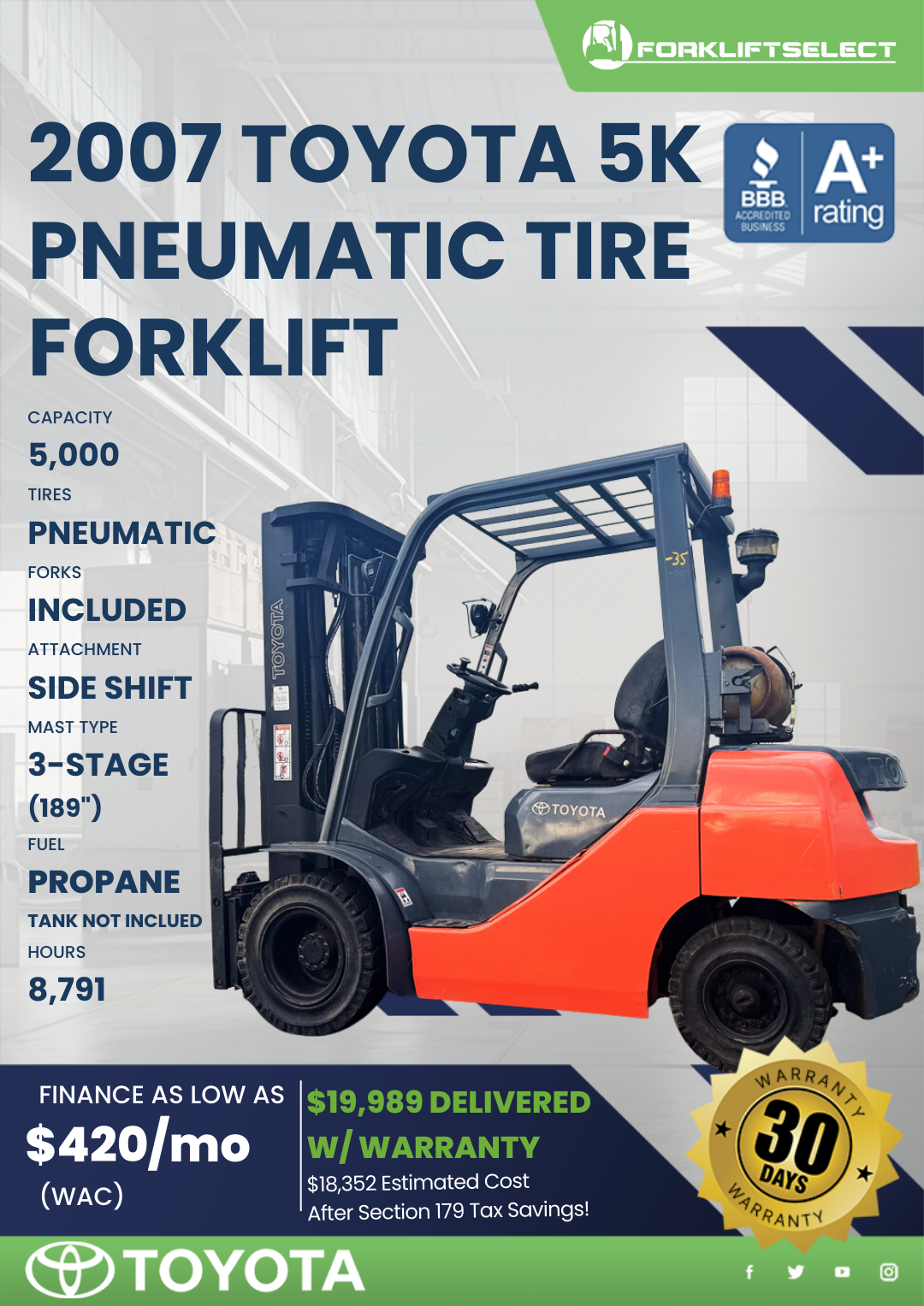 2007 TOYOTA 5K PNEUMATIC TIRE FORKLIFT