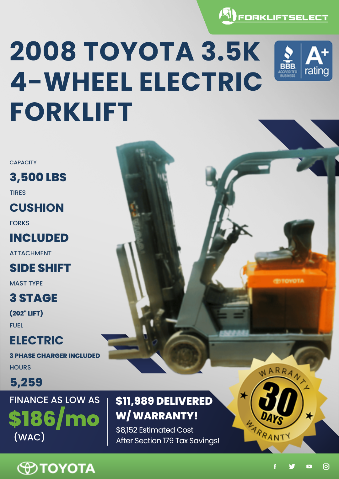 2008 TOYOTA 3.5K 4-WHEEL ELECTRIC FORKLIFT