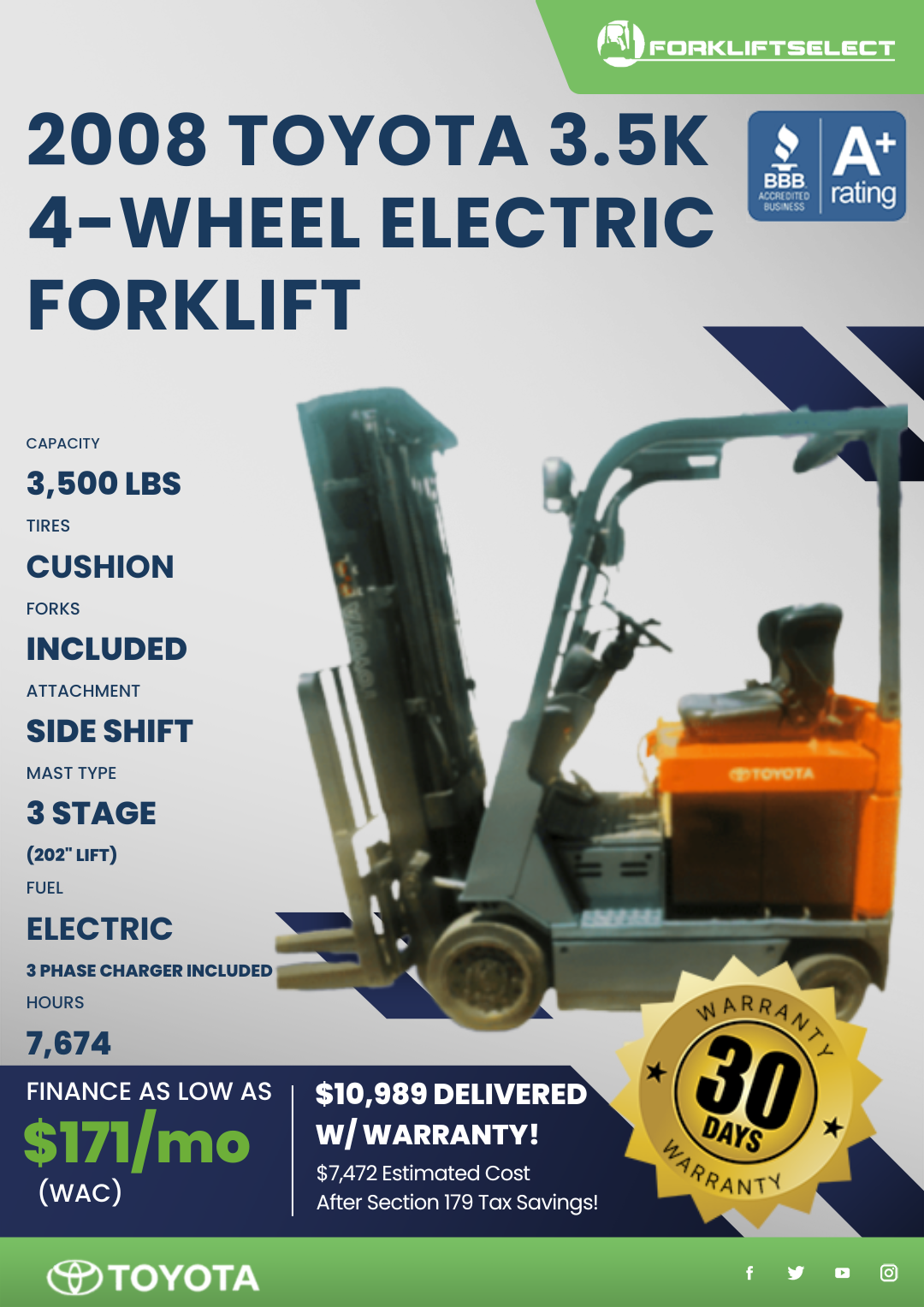 2008 TOYOTA 3.5K 4-WHEEL ELECTRIC FORKLIFT