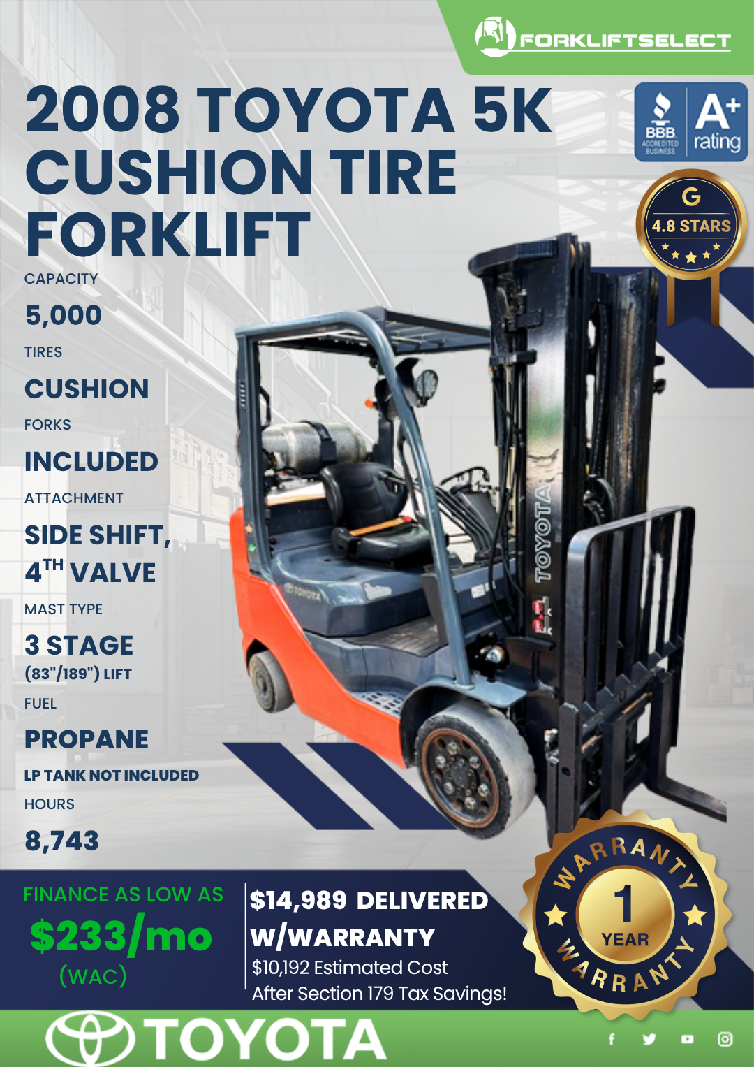 2008 TOYOTA 5K CUSHION TIRE FORKLIFT