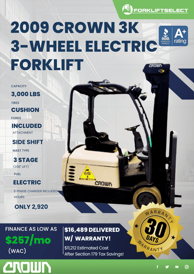 2009 CROWN 3K 3-WHEEL ELECTRIC FORKLIFT