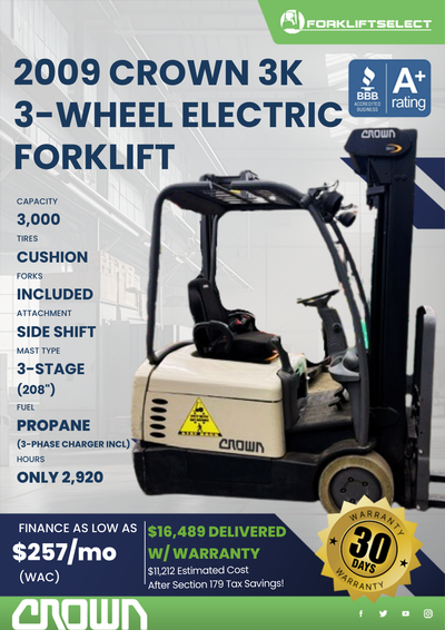 2009 CROWN 3K 3-WHEEL ELECTRIC FORKLIFT