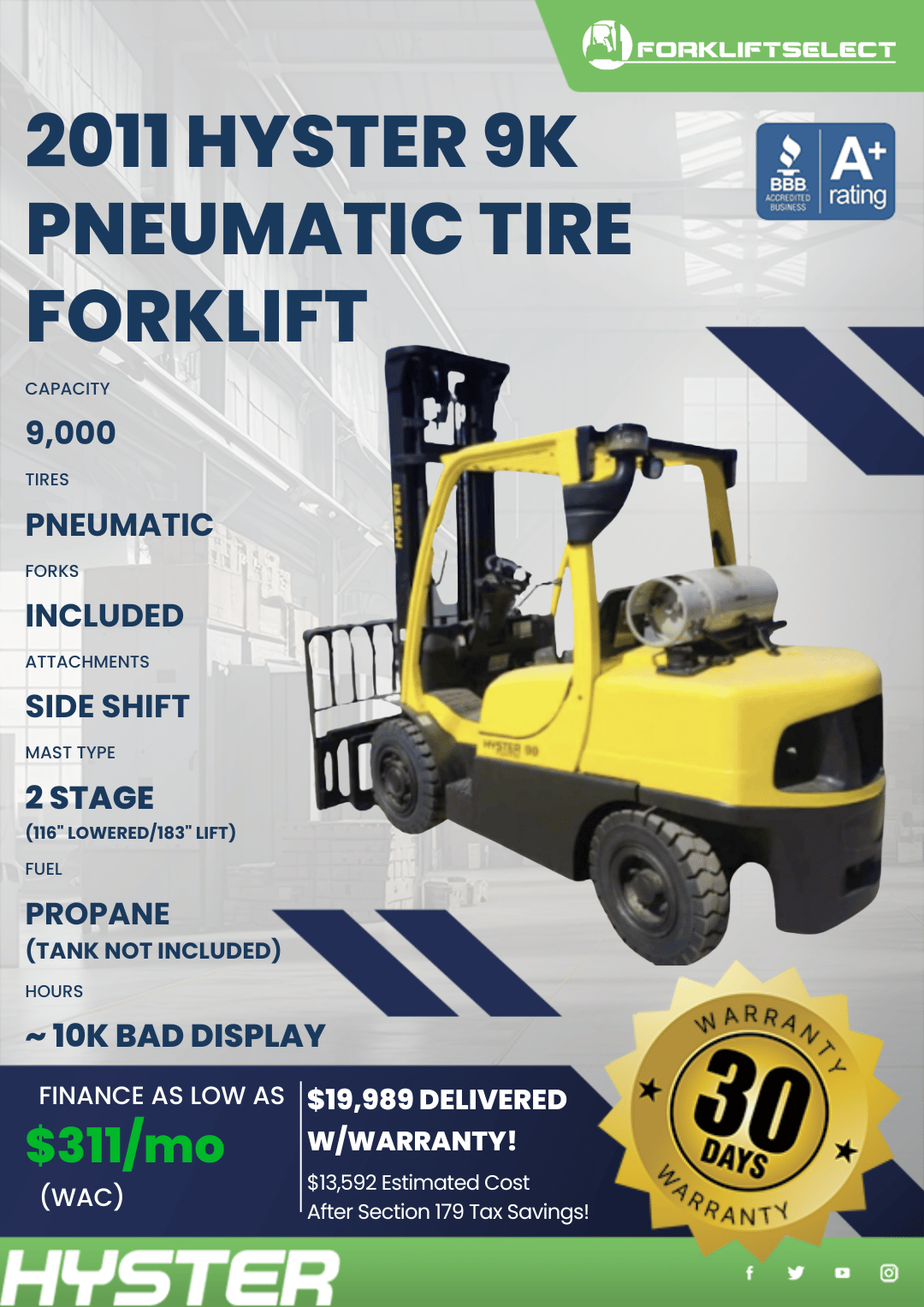 2011 HYSTER 9K PNEUMATIC TIRE FORKLIFT