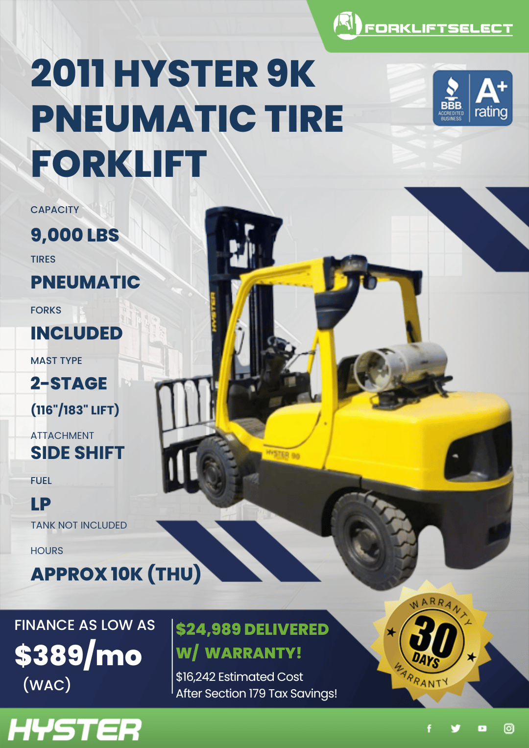 2011 HYSTER 9K PNEUMATIC TIRE FORKLIFT