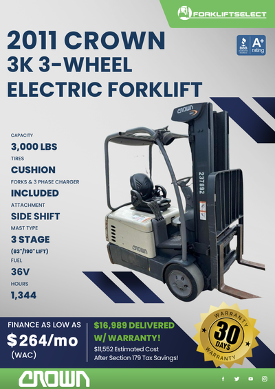 2011 CROWN 3K 3-WHEEL ELECTRIC FORKLIFT