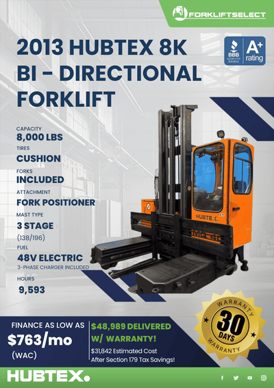 2013 HUBTEX 8K B I- DIRECTIONAL FORKLIFT