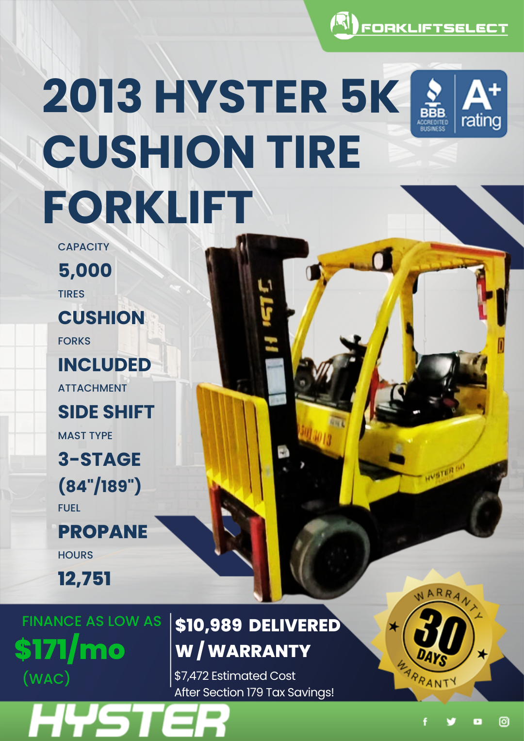 2013 HYSTER 5K CUSHION TIRE FORKLIFT