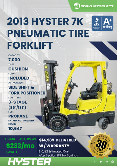 2013 HYSTER 7K PNEUMATIC TIRE FORKLIFT