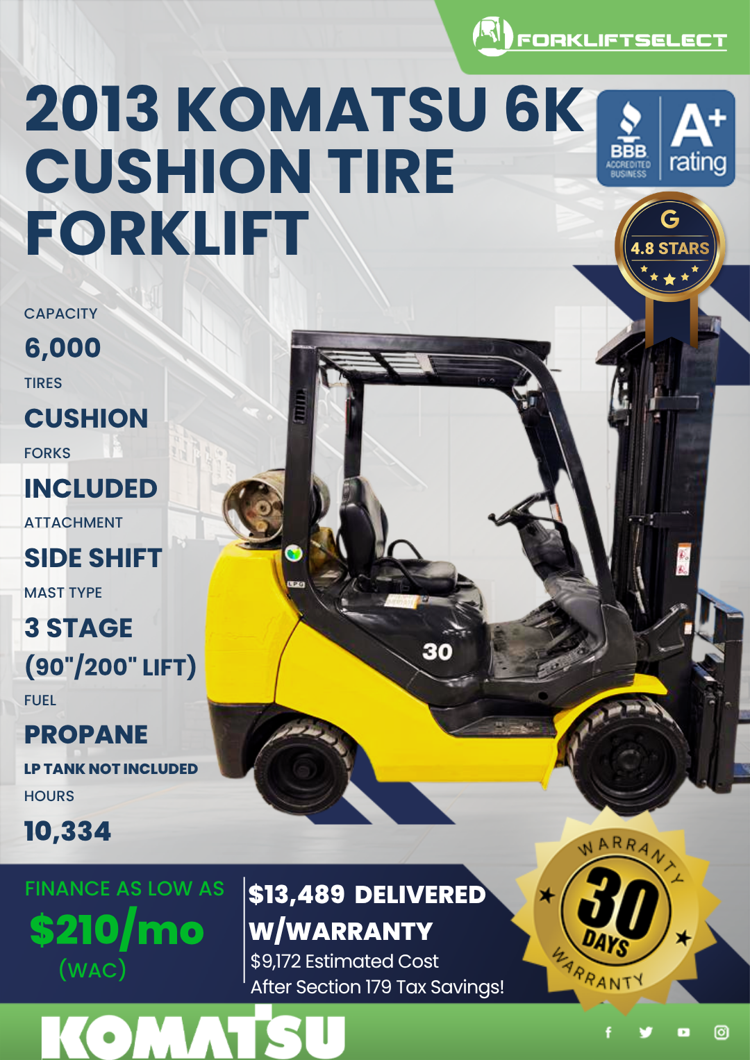 2013 KOMATSU 6K CUSHION TIRE FORKLIFT