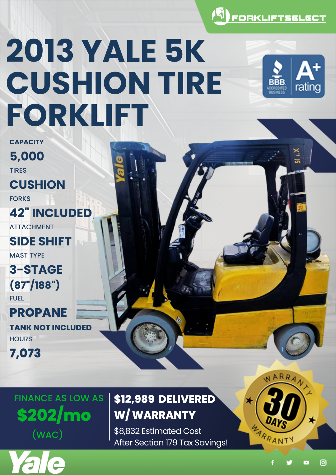2013 YALE 5K CUSHION TIRE FORKLIFT