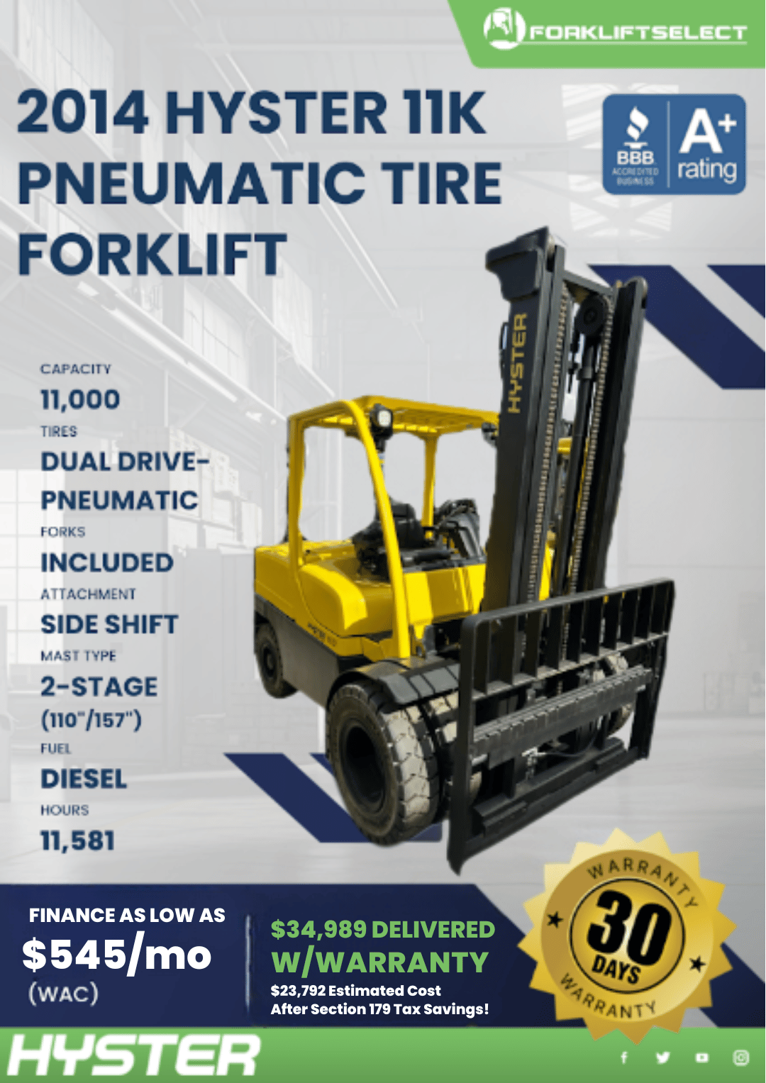 2014 HYSTER 11K PNEUMATIC TIRE FORKLIFT