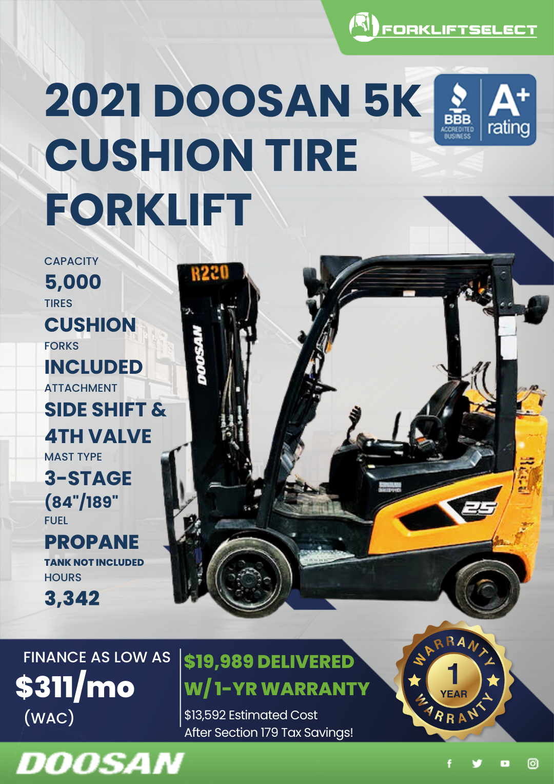 2021 DOOSAN 5K CUSHION TIRE FORKLIFT