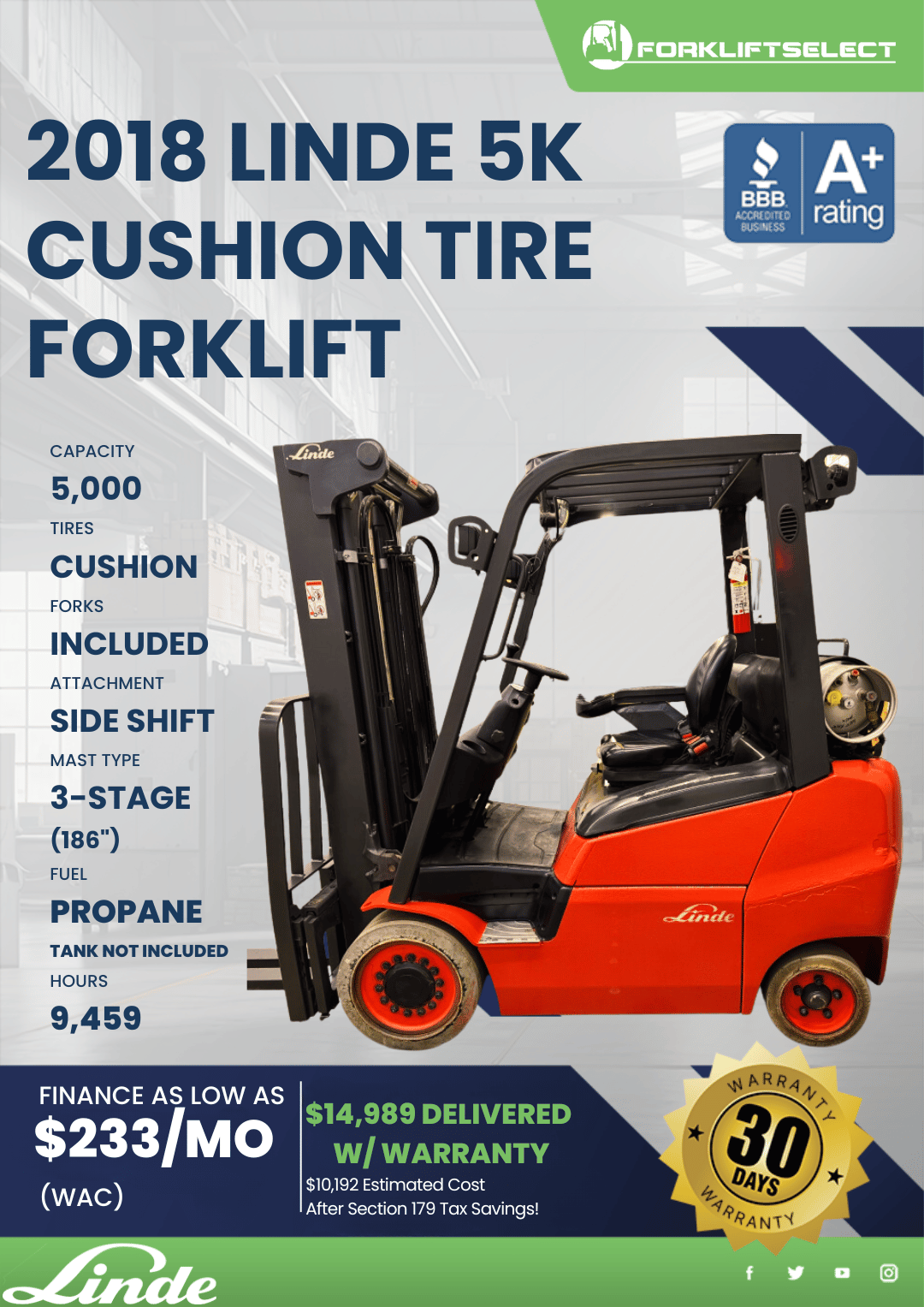 2018 LINDE 5K CUSHION TIRE FORKLIFT