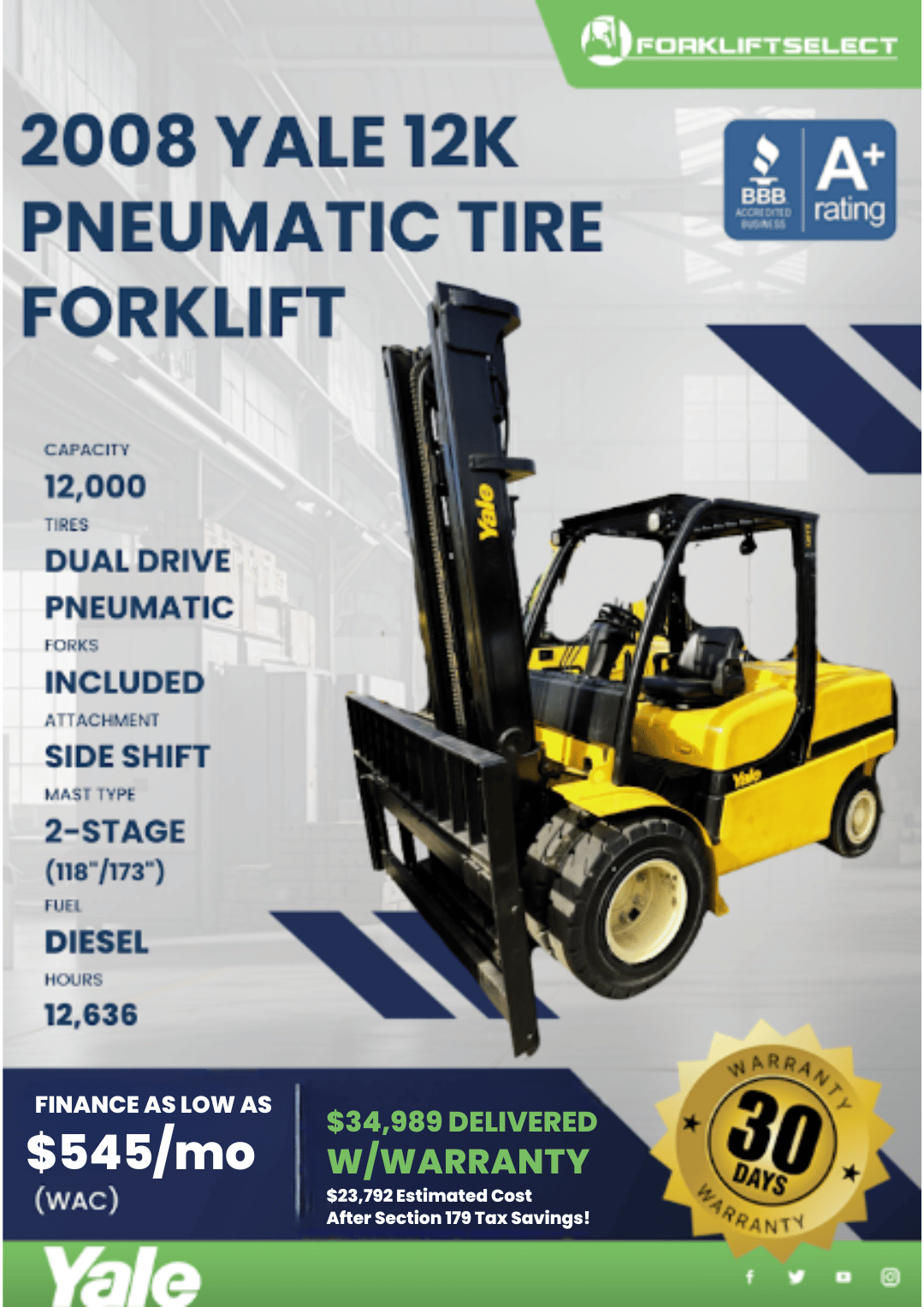 2008 YALE 12K PNEUMATIC TIRE FORKLIFT