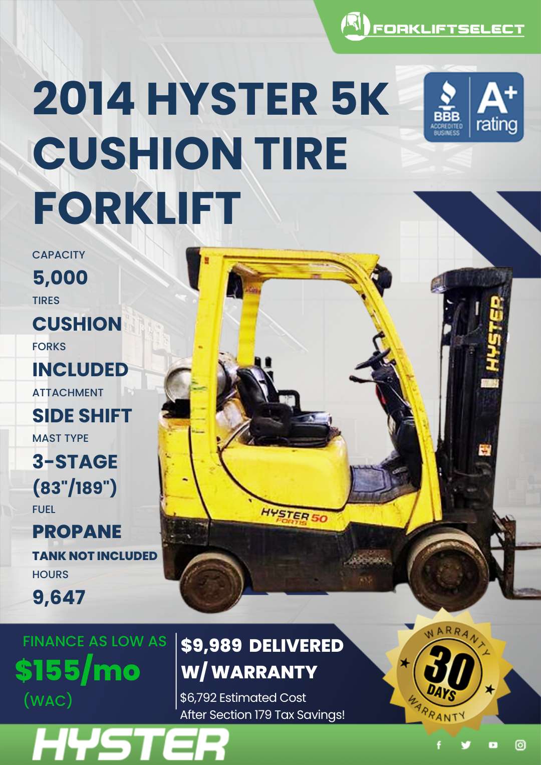 2014 HYSTER 5K CUSHION TIRE FORKLIFT