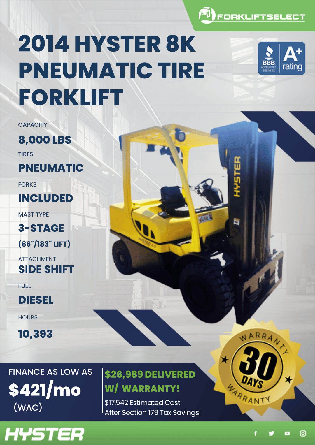 2014 HYSTER 8K PNEUMATIC  TIRE FORKLIFT