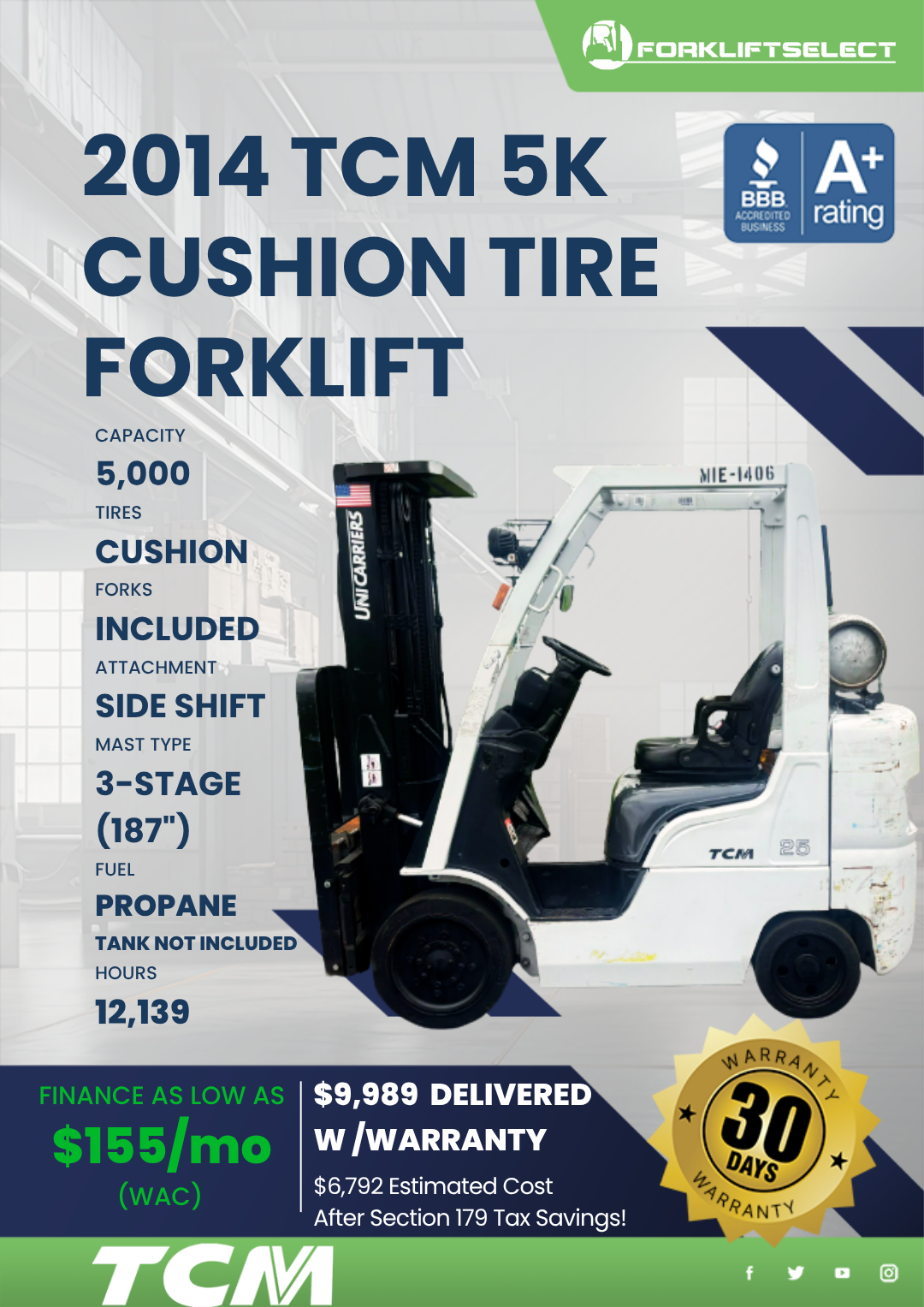 2014 TCM 5K CUSHION TIRE FORKLIFT