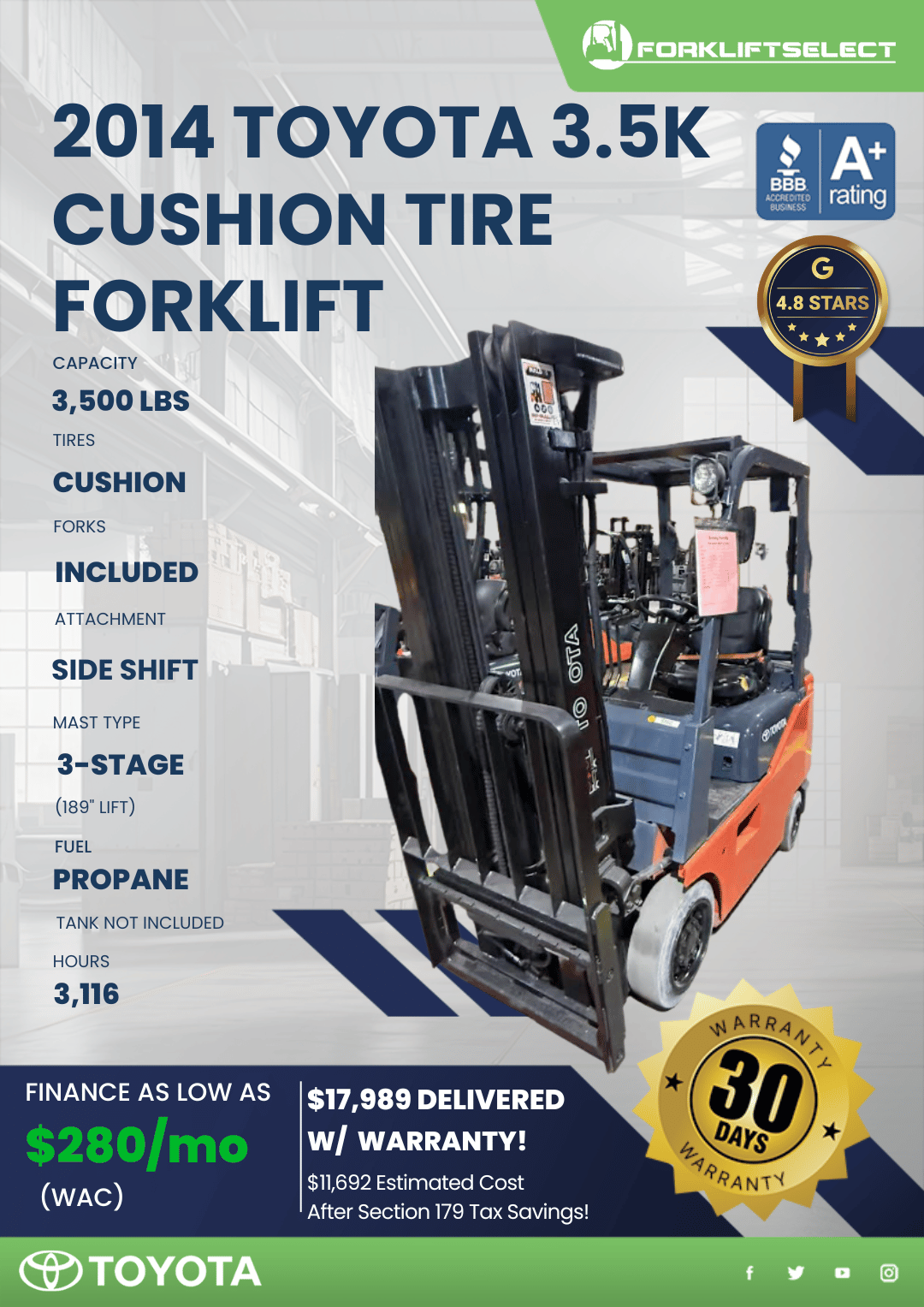 2014 TOYOTA 3.5K CUSHION TIRE FORKLIFT