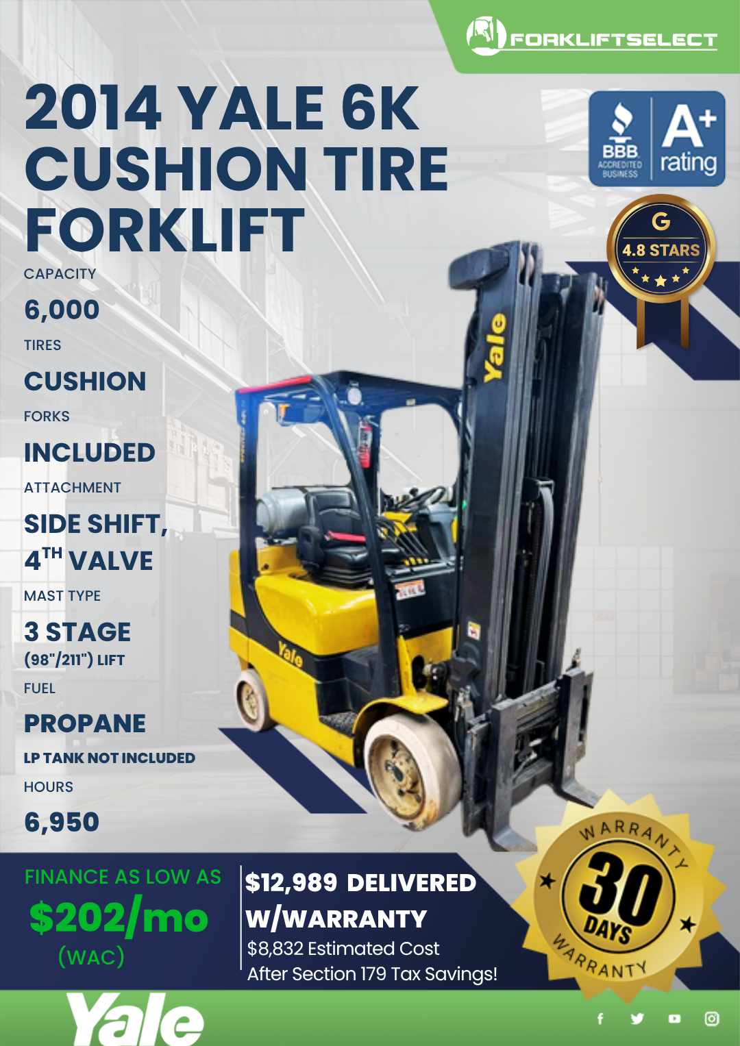 2014 YALE 6K CUSHION TIRE FORKLIFT