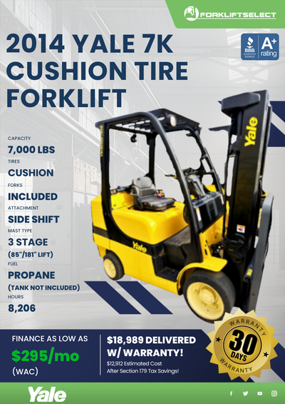 2014 YALE 7K CUSHION TIRE FORKLIFT