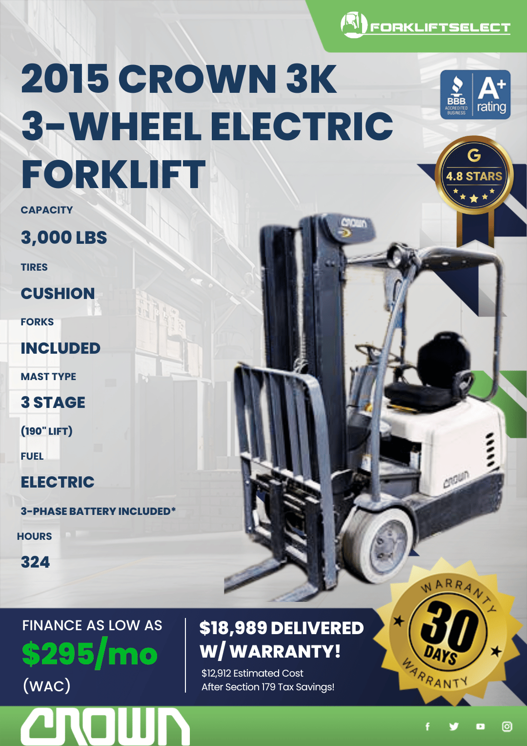 2015 CROWN 3K 3-WHEEL ELECTRIC FORKLIFT