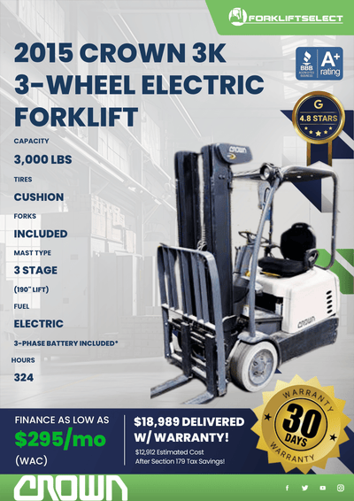 2015 CROWN 3K 3-WHEEL ELECTRIC FORKLIFT