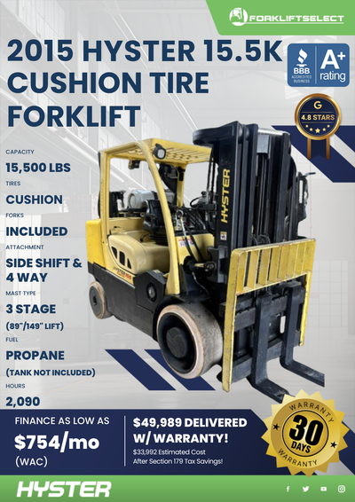 2015 HYSTER 15.5K CUSHION TIRE FORKLIFT
