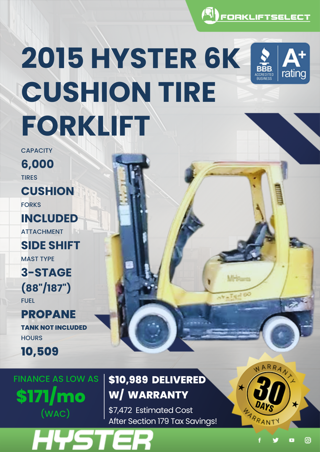 2015 HYSTER 6K CUSHION TIRE FORKLIFT