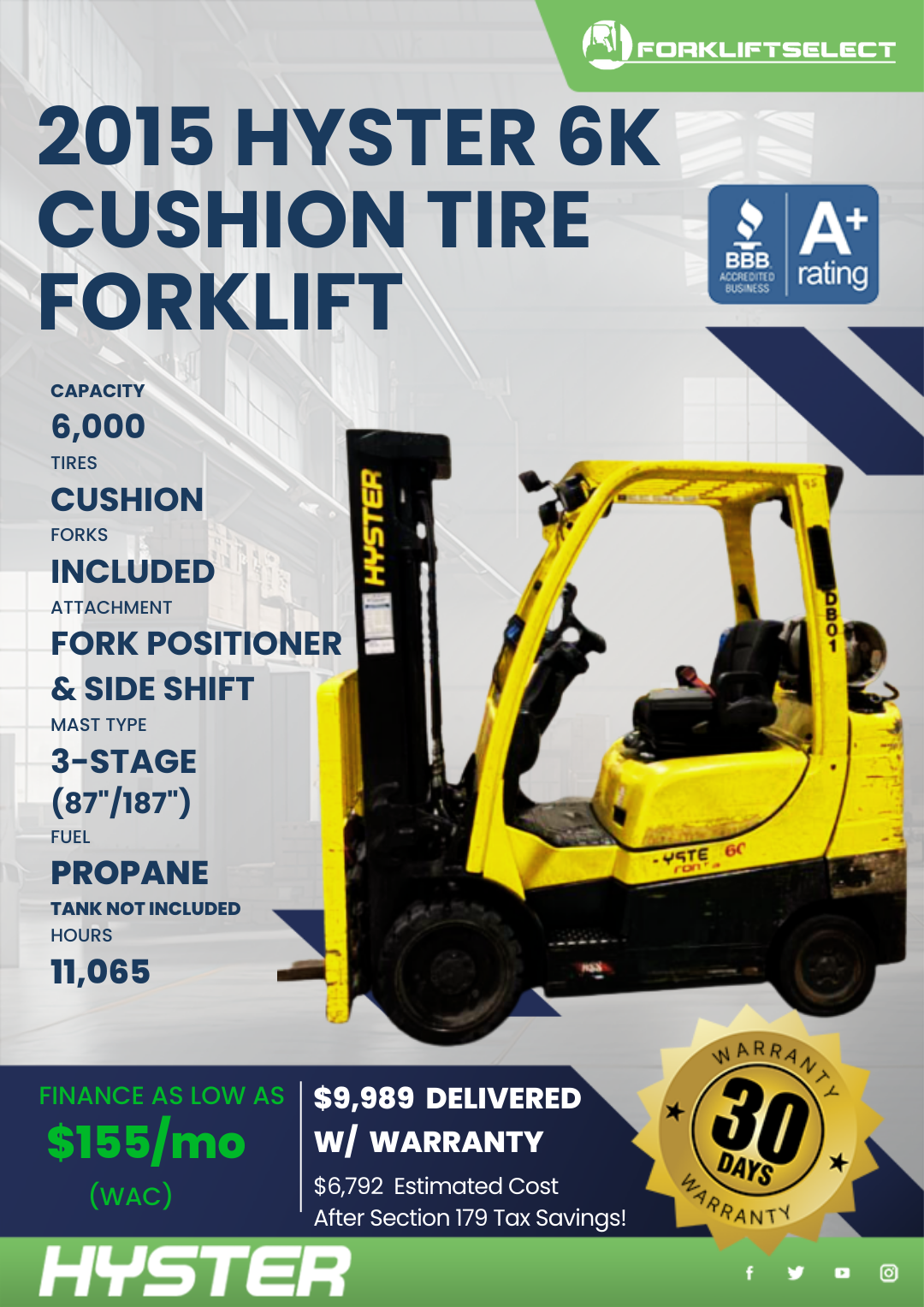 2015 HYSTER 6K CUSHION TIRE FORKLIFT