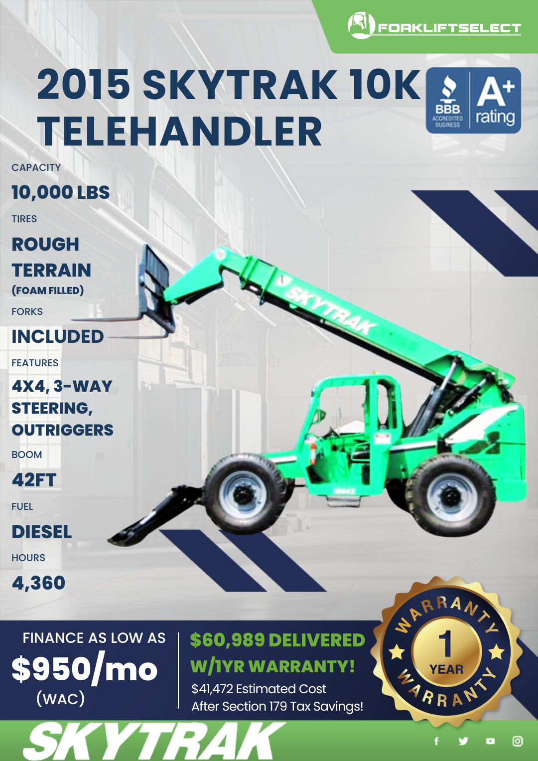 2015 SKYTRAK 10K TELEHANDLER – Forklift Select