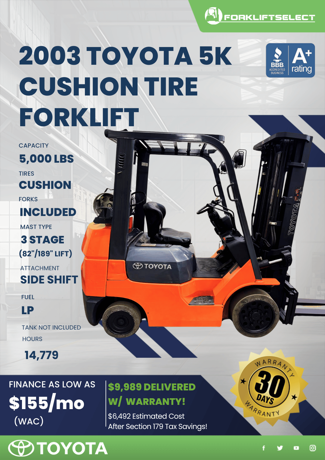 2003 TOYOTA 5K CUSHION TIRE FORKLIFT