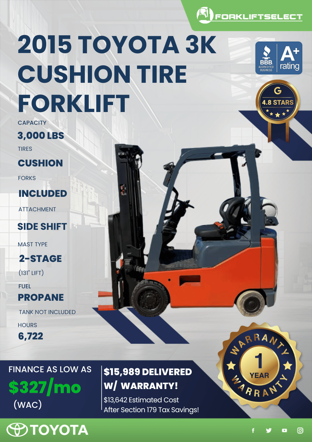 2015 TOYOTA 3K CUSHION TIRE FORKLIFT