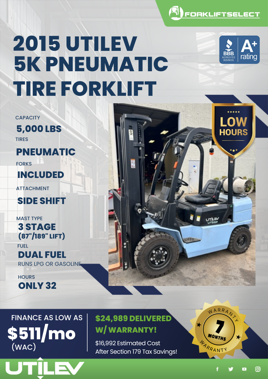2015 Utilev 5k Pneumatic Tire Forklift
