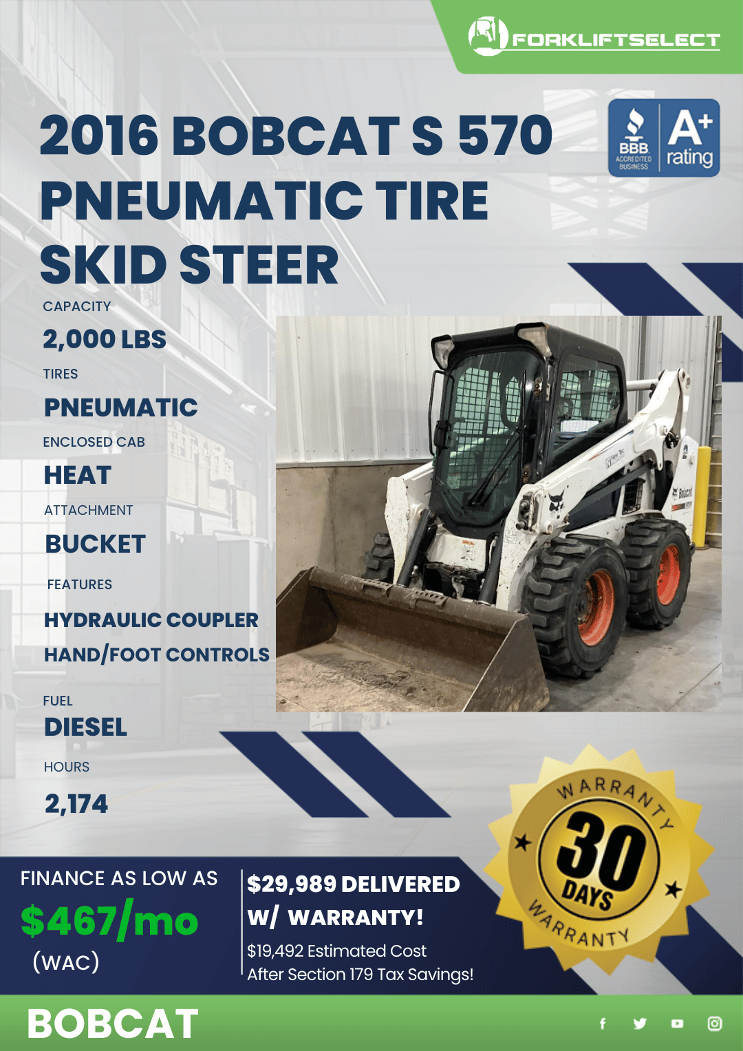 2016 BOBCAT S 570 PNEUMATIC TIRE SKID STEER