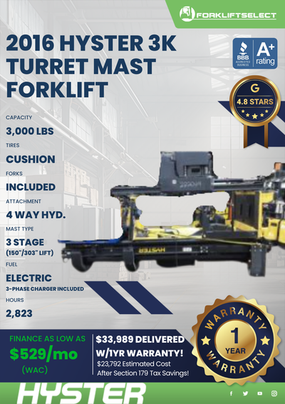 2016 HYSTER 3K TURRET MAST FORKLIFT