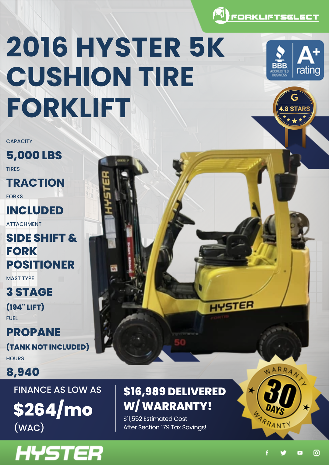 2016 HYSTER 5K CUSHION TIRE FORKLIFT