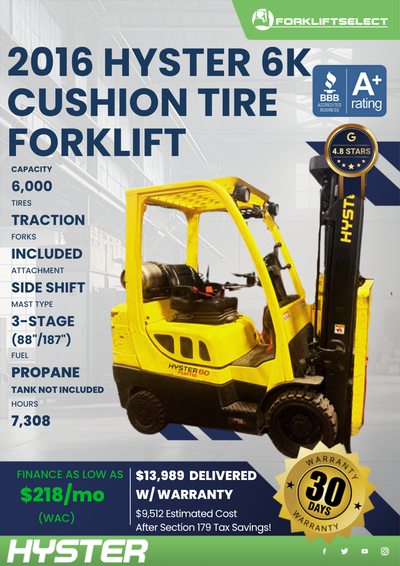 2016 HYSTER 6K CUSHION TIRE FORKLIFT