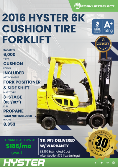 2016 HYSTER 6K CUSHION TIRE FORKLIFT
