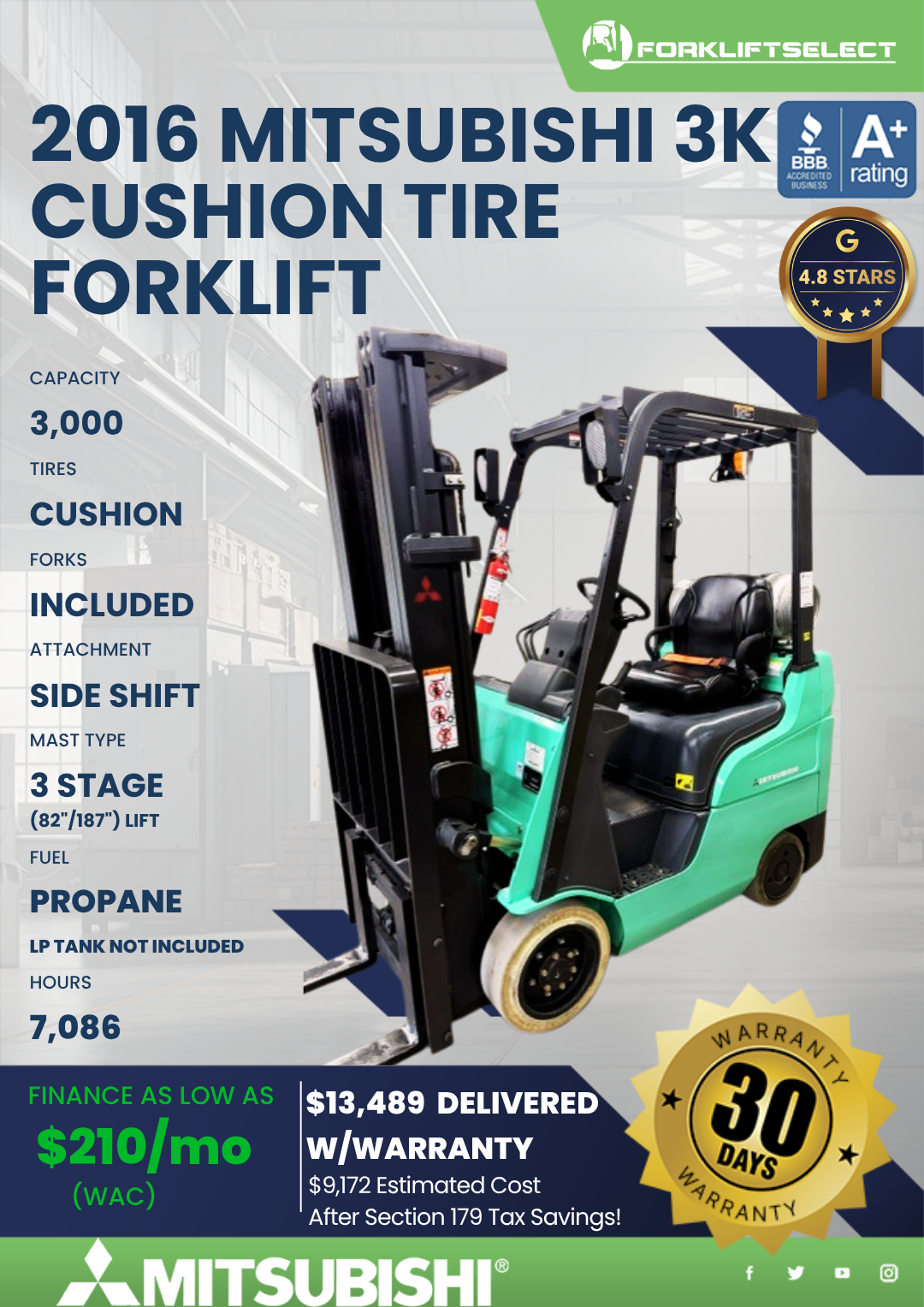 2016 MITSUBISHI 3K CUSHION TIRE FORKLIFT