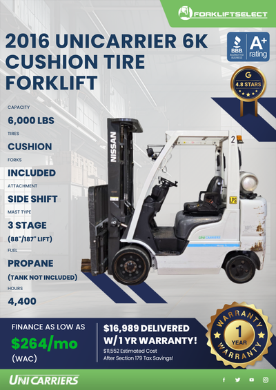 2016 UNICARRIER 6K CUSHION TIRE FORKLIFT