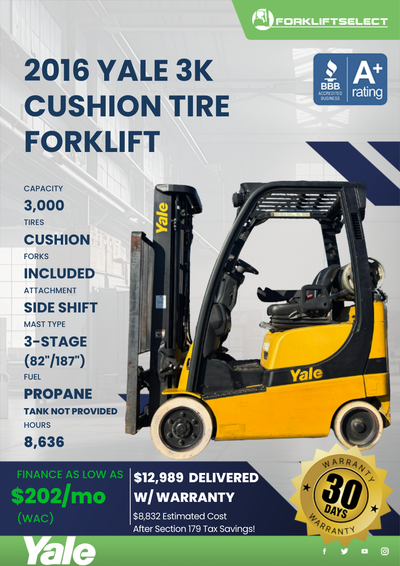 2016 YALE 3K CUSHION TIRE FORKLIFT