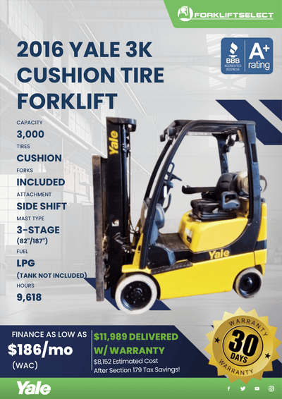 2016 YALE 3K CUSHION TIRE FORKLIFT