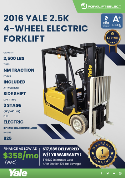 2016 YALE 2.5K 4-WHEEL ELECTRIC FORKLIFT