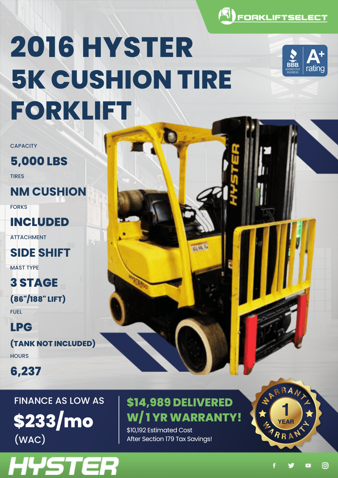 2016 HYSTER 5K CUSHION TIRE FORKLIFT