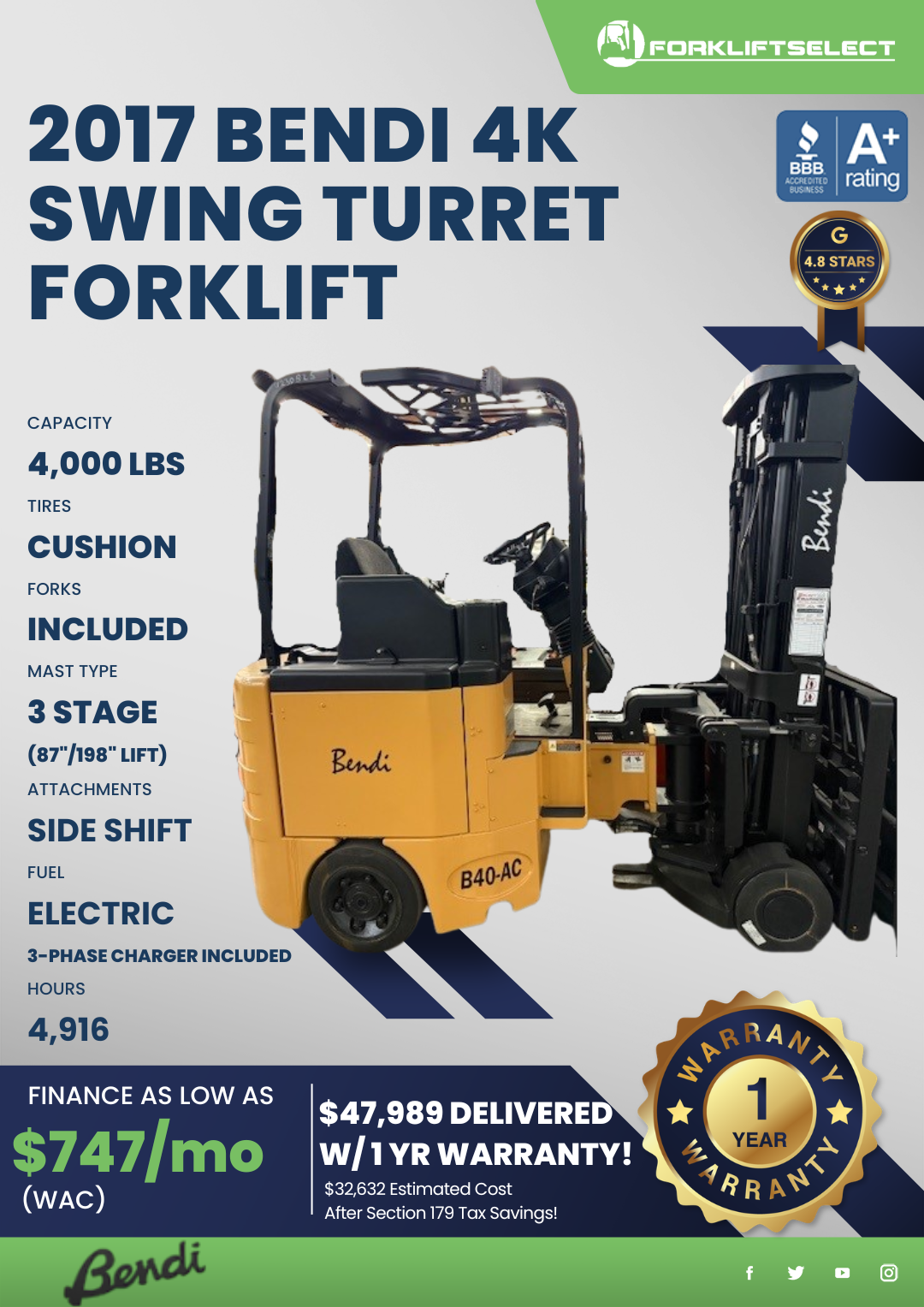 2017 BENDI 4K SWING TURRET FORKLIFT