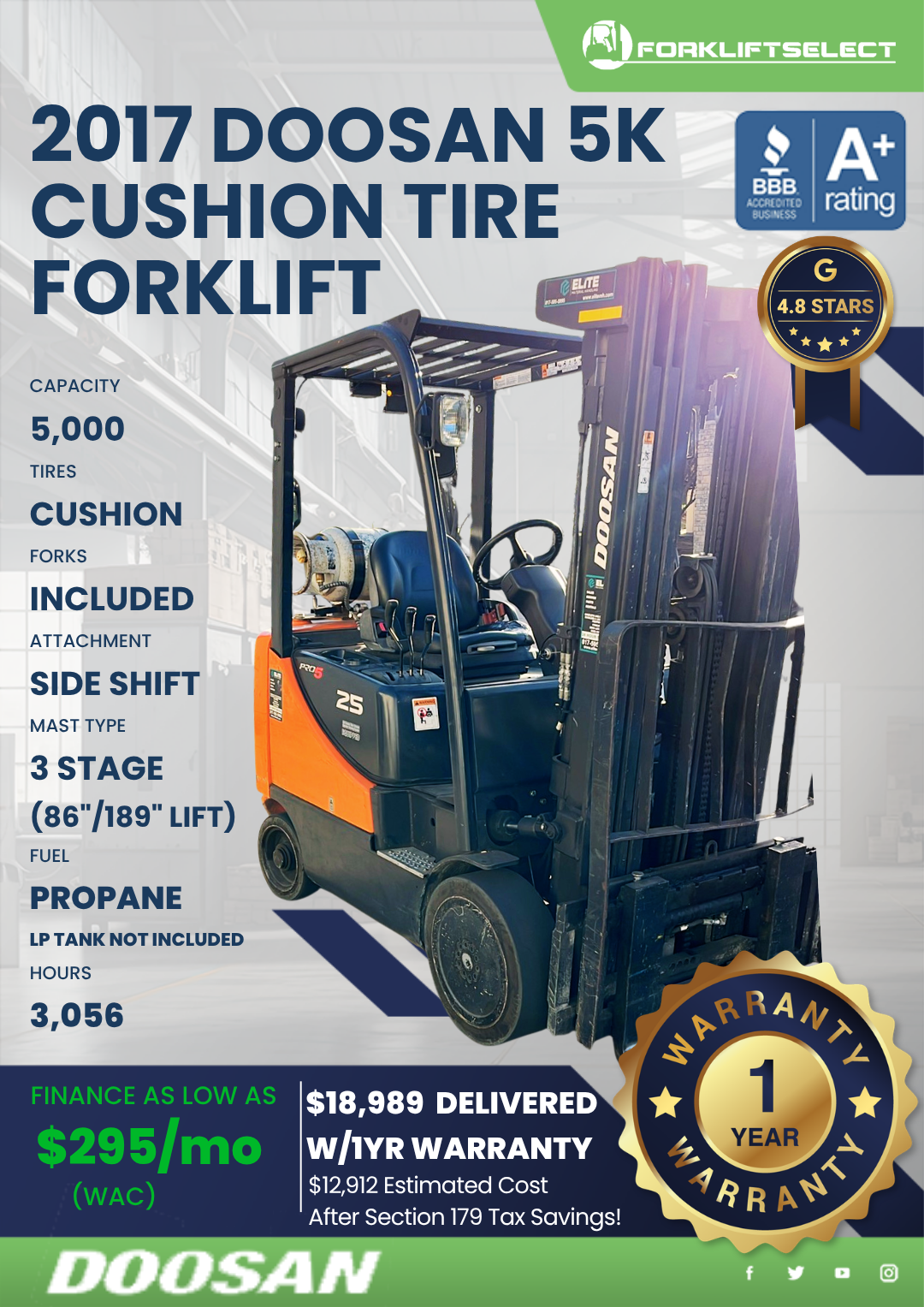 2017 DOOSAN 5K CUSHION TIRE FORKLIFT