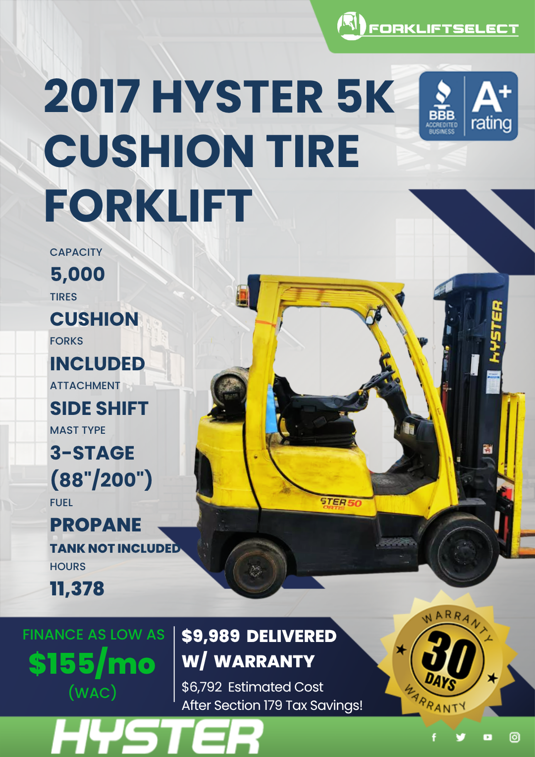 2017 HYSTER 5K CUSHION TIRE FORKLIFT